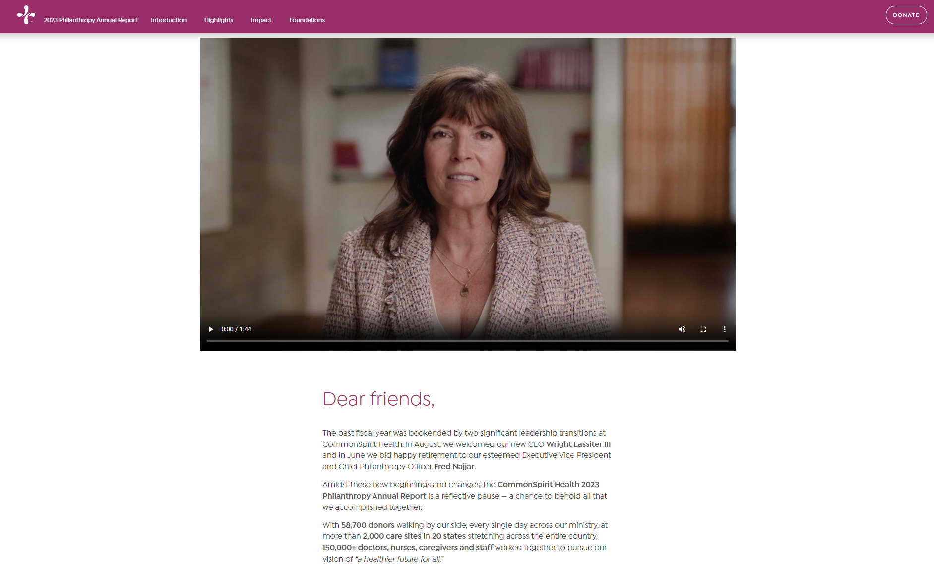 Screenshot of the 2023 annual report featuring a video from Nancy Bussani