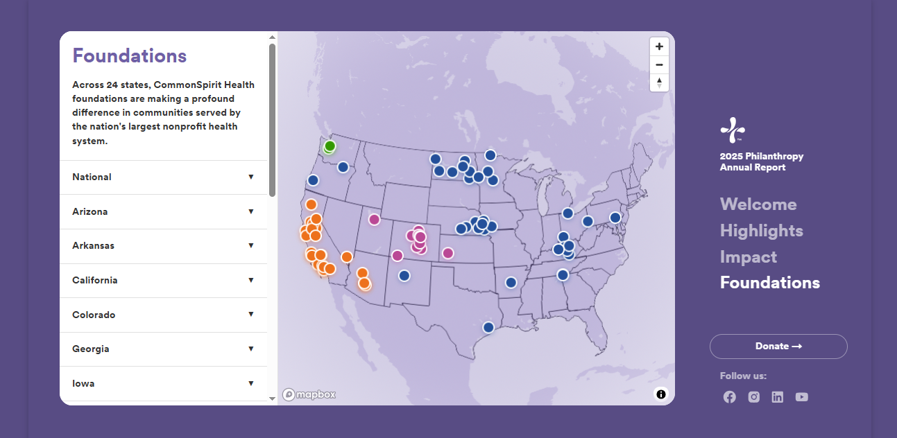 A map of CommonSpirit's 80 foundations across 24 states.
