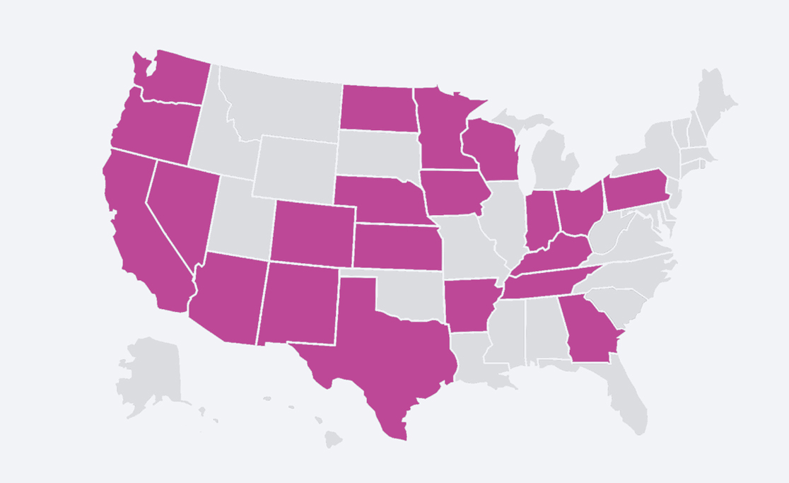 A map of Commonspirit Health's national footprint; states highlighted are listed on this page"